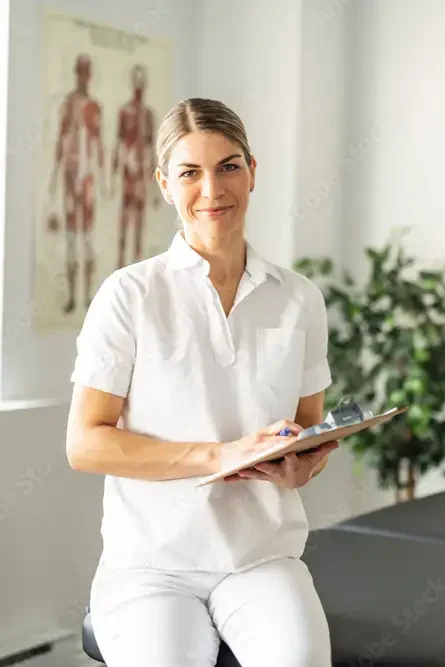 Eine in weißer Praxiskleidung sitzt auf einer schwarzen Liege in einer Praxis und hält ein Klemmbrett in der Hand.